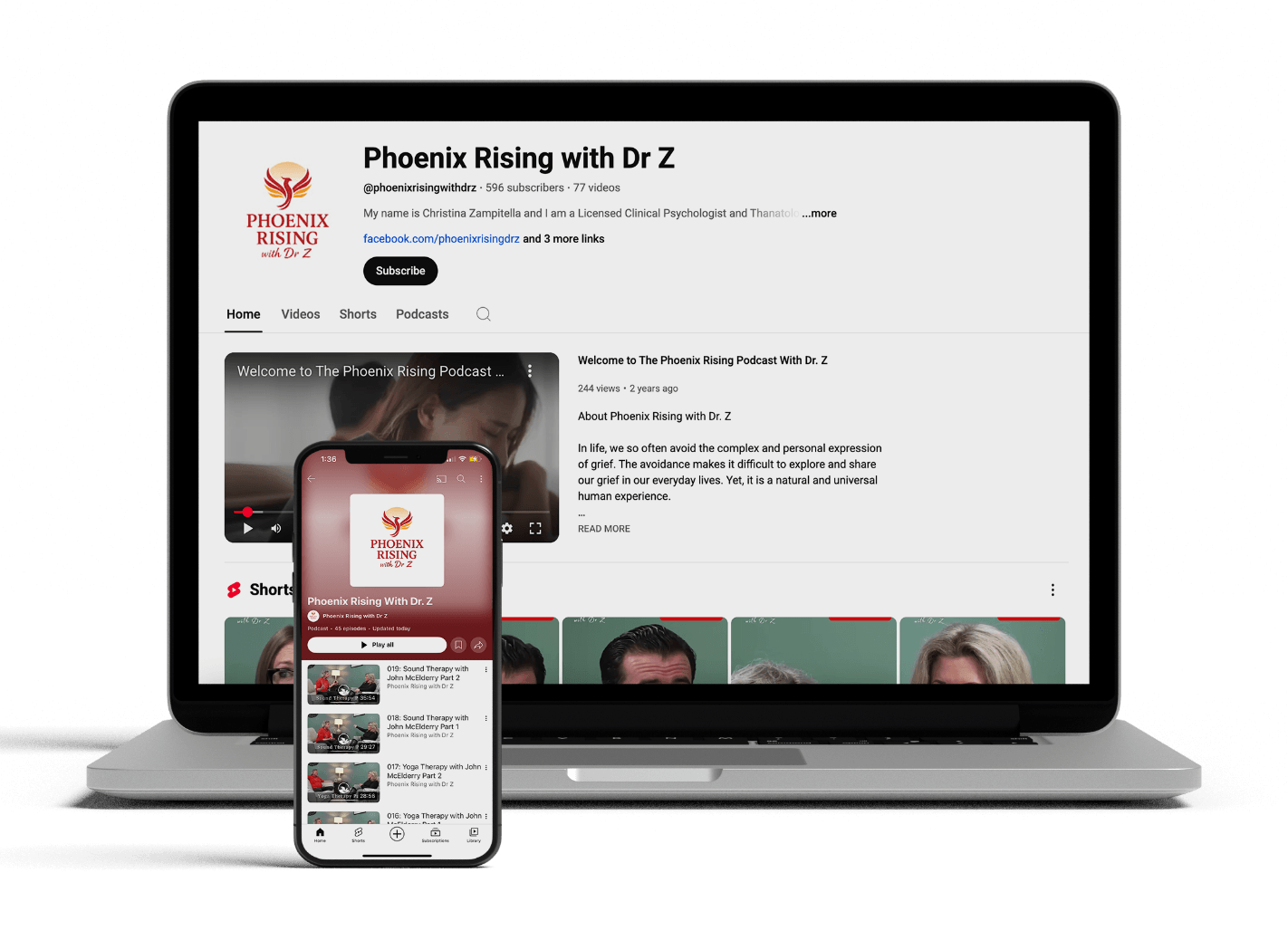 Phoenix Rising with Dr Z podcast mockup on laptop and phone