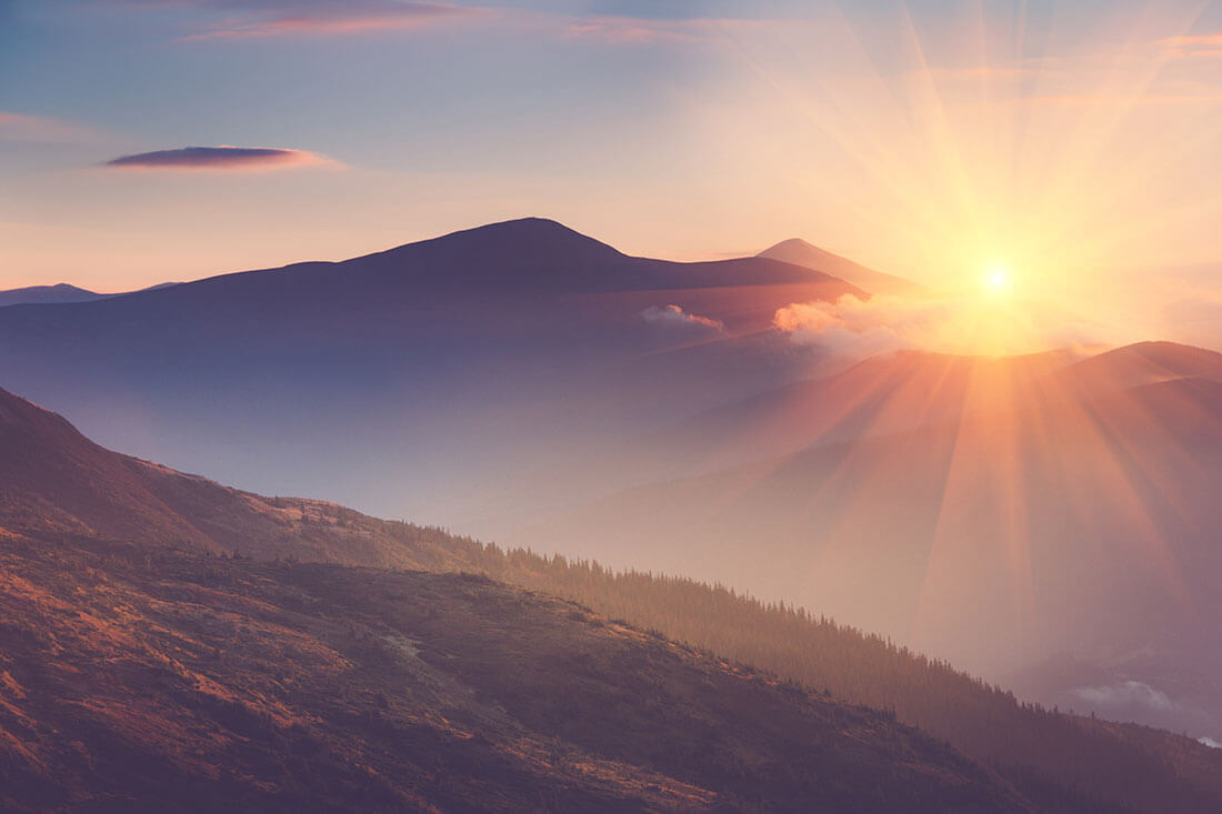 Morning sunrise over mountains.